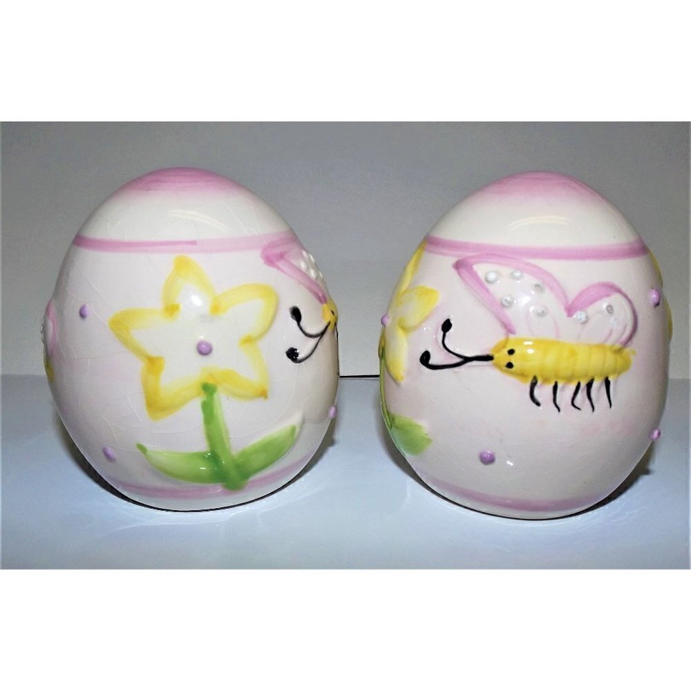 Flower and Butterfly ceramic set of 2 eggs, Easter, Spring, Decor